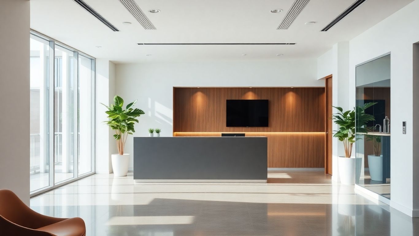 AI receptionist avatar in a modern office setting.