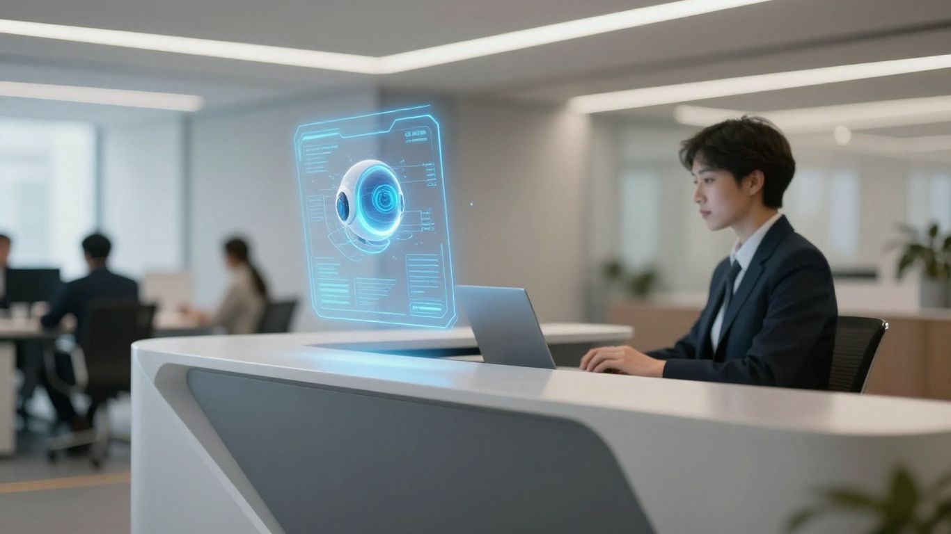AI receptionist assisting a businessperson at a modern desk.