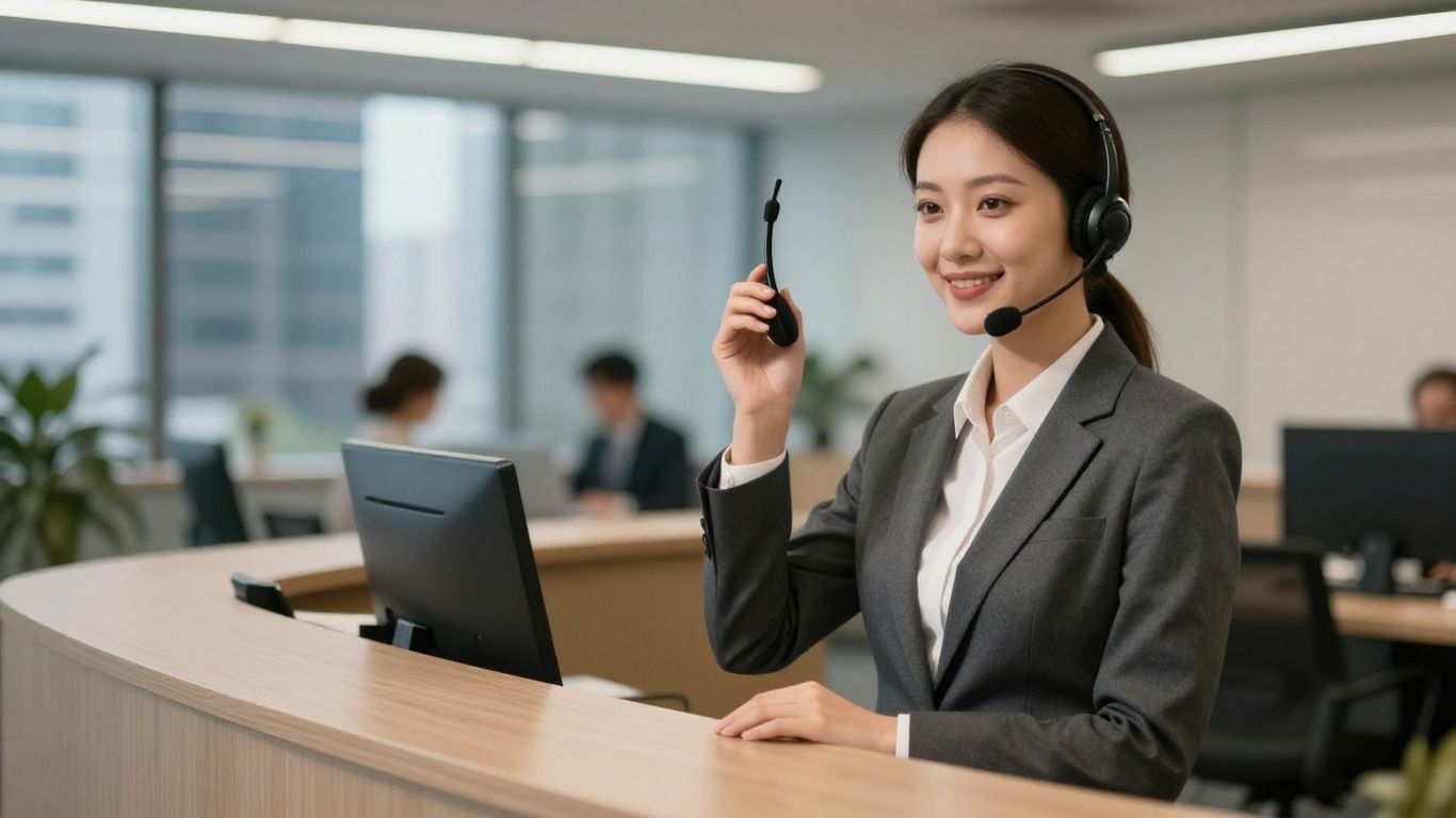 Professional receptionist managing calls with advanced technology.