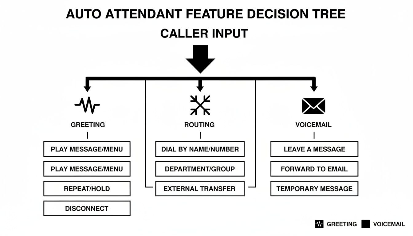 Decision tree illustrating auto attendant features with caller input leading to greeting, routing, and voicemail options.