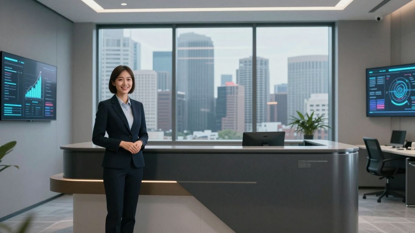 Professional receptionist in a modern office with city view.