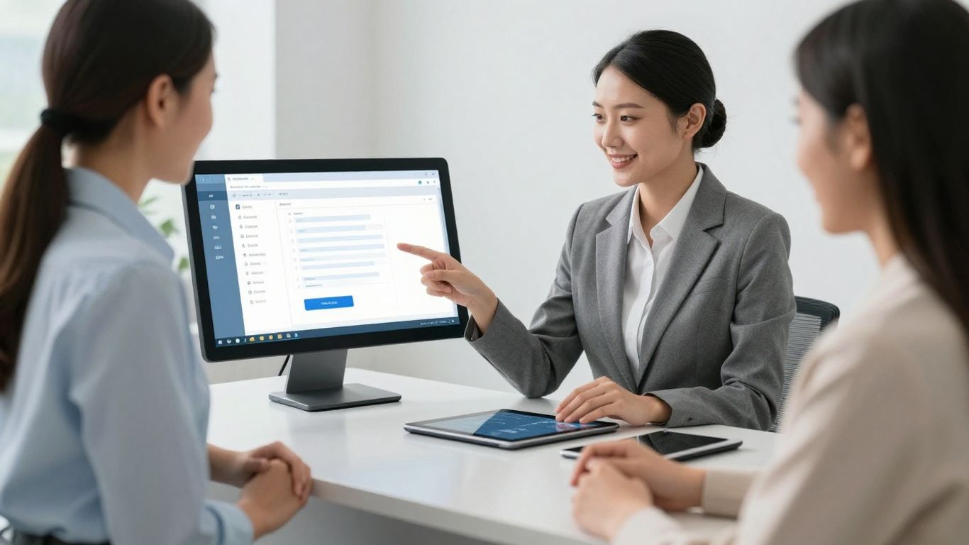 AI receptionist interacting with CRM data on a digital screen.