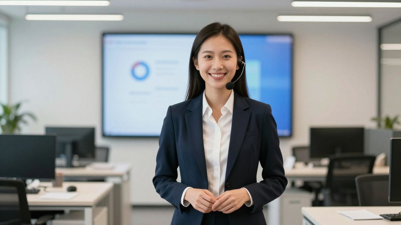 Calldesk virtual receptionist smiling in a modern office.