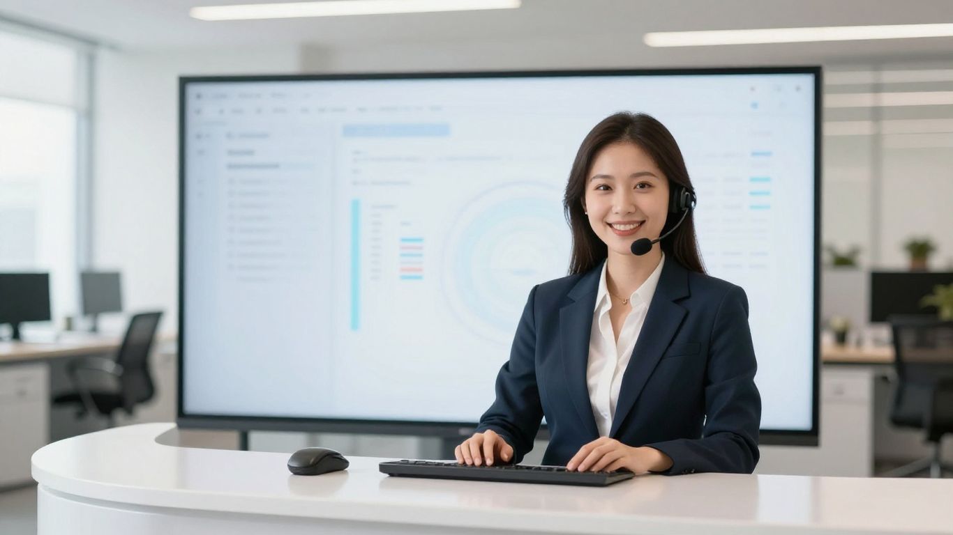 AI virtual receptionist avatar smiling on a screen.