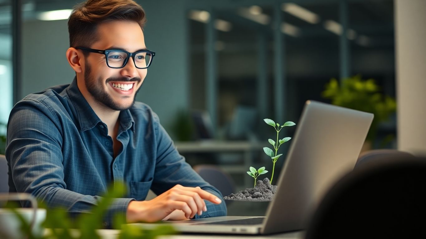 Small business owner looking at laptop with growing plant.