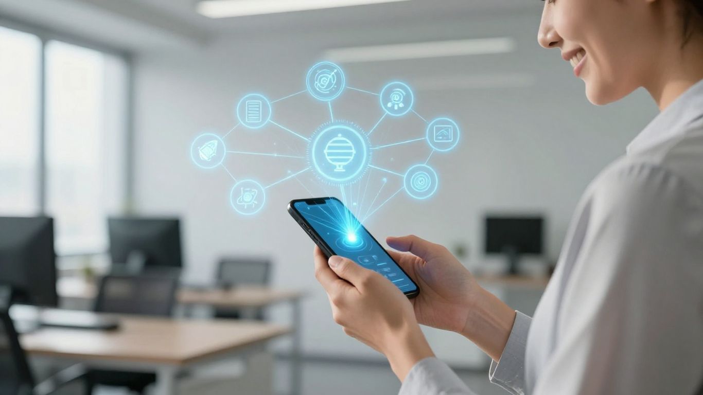 Person using a virtual business phone system on a smartphone.