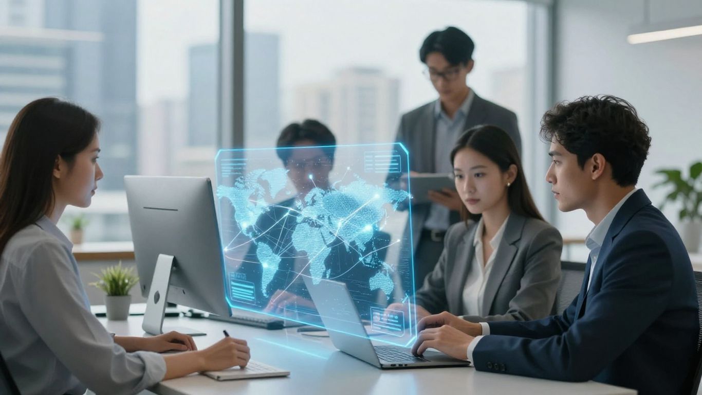 Team collaborating with a global communication interface.