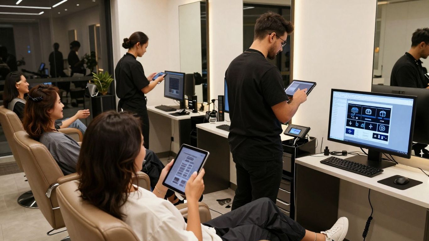 Futuristic salon with hairstylists using digital technology