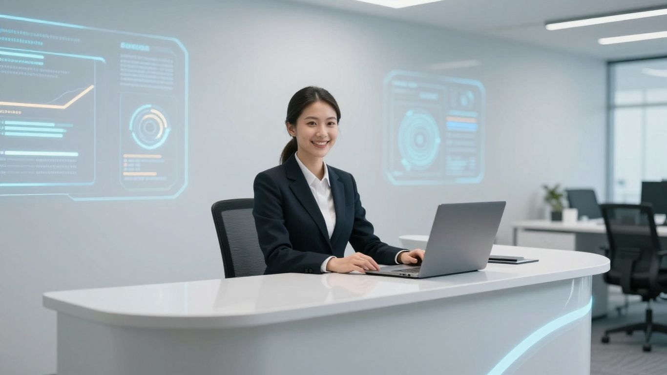 AI receptionist assisting a customer at a modern desk.