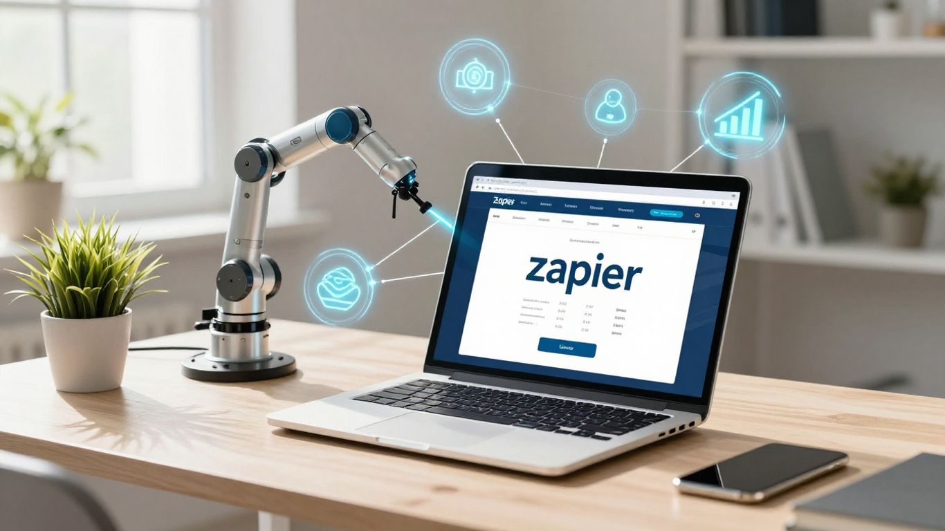 Zapier logo with automation elements and business growth visuals.