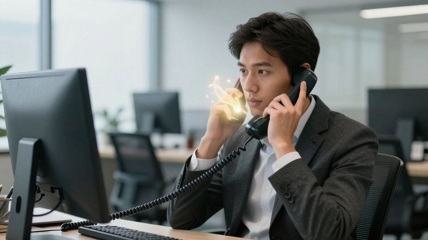 Business person answering a ringing phone, growth aura.