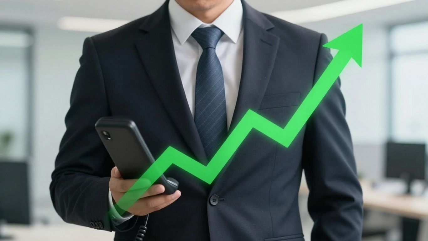 Business person answering phone with growth arrow