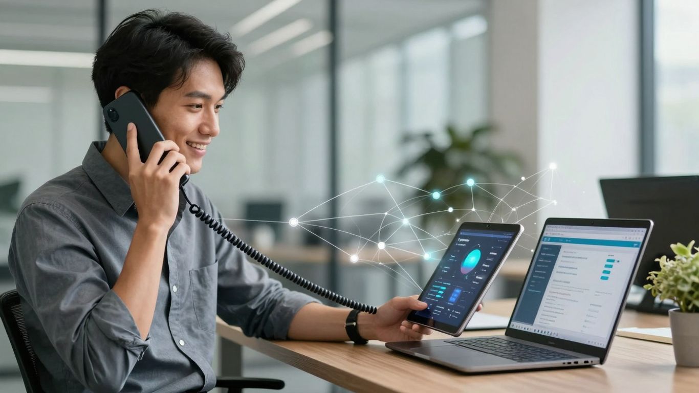 Professional answering phone, business tools connected digitally.