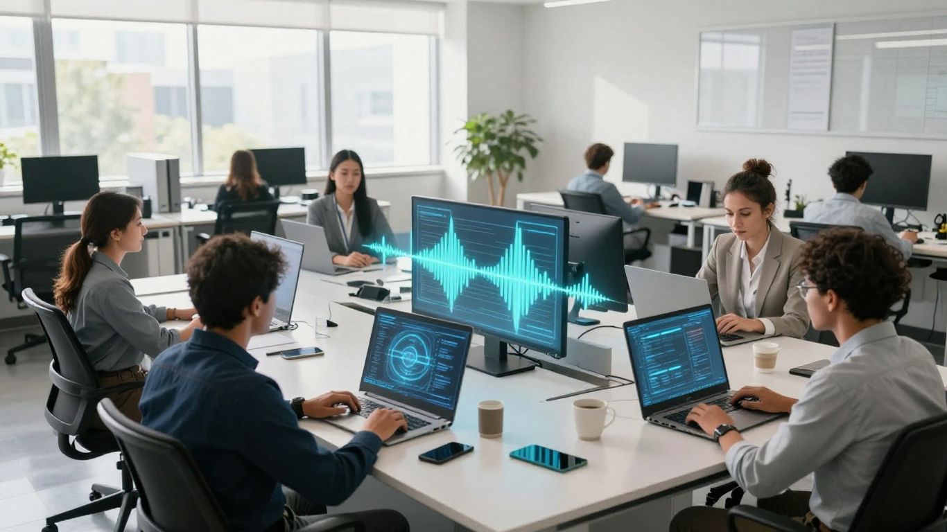 Team collaborating with AI voice technology projections.