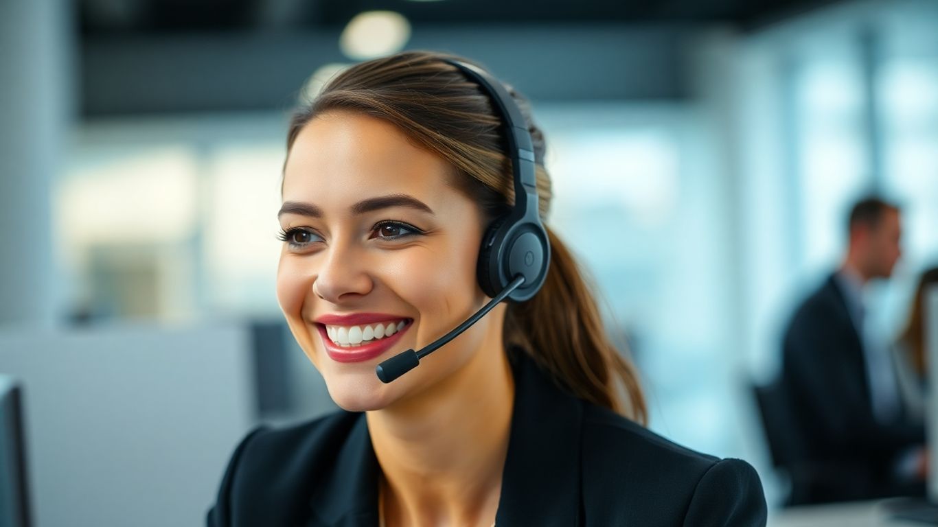 Call center agent with headset speaking into microphone.
