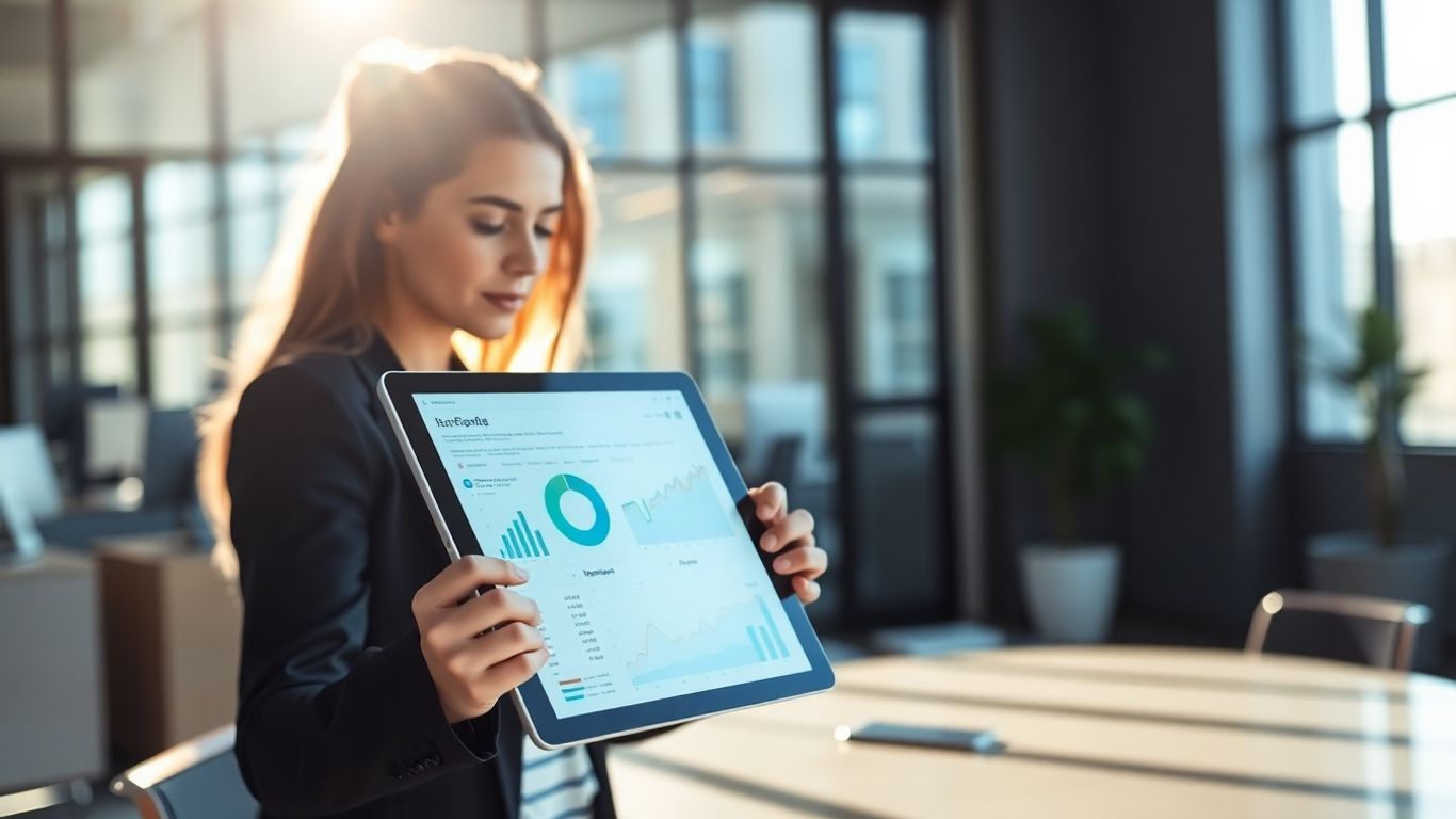 Person viewing business data on a tablet screen.