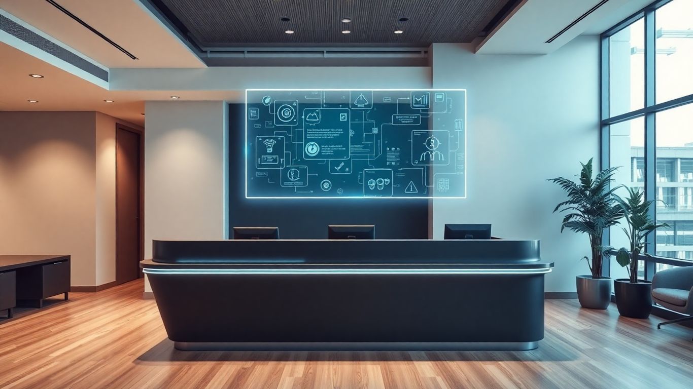 Futuristic AI receptionist desk with holographic interface.