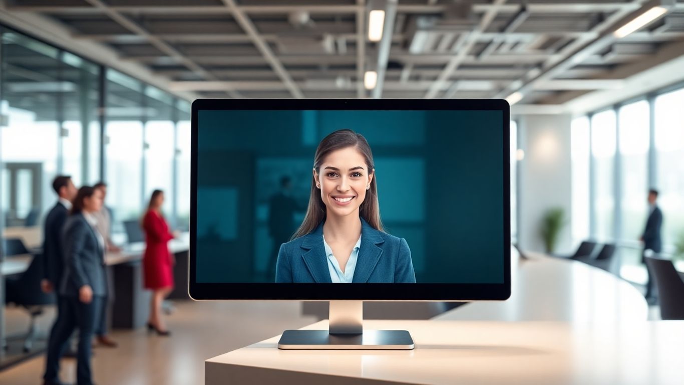 AI receptionist interface in a modern office setting.