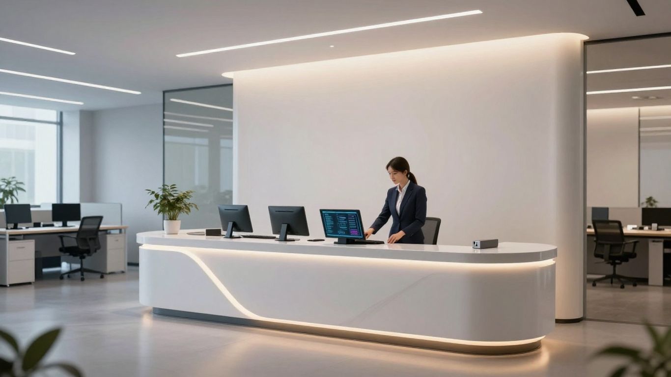 AI voice receptionist interface at a modern office desk.