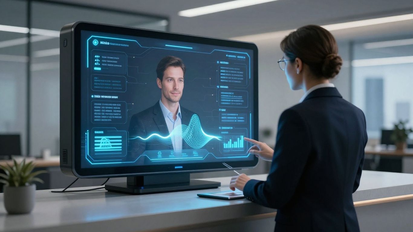 AI voice receptionist interface in a modern office setting.