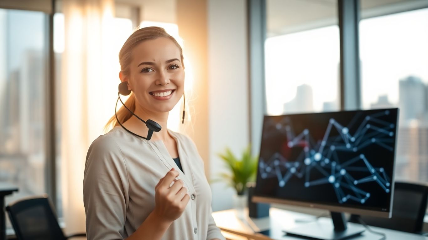 Professional woman with headset in modern office