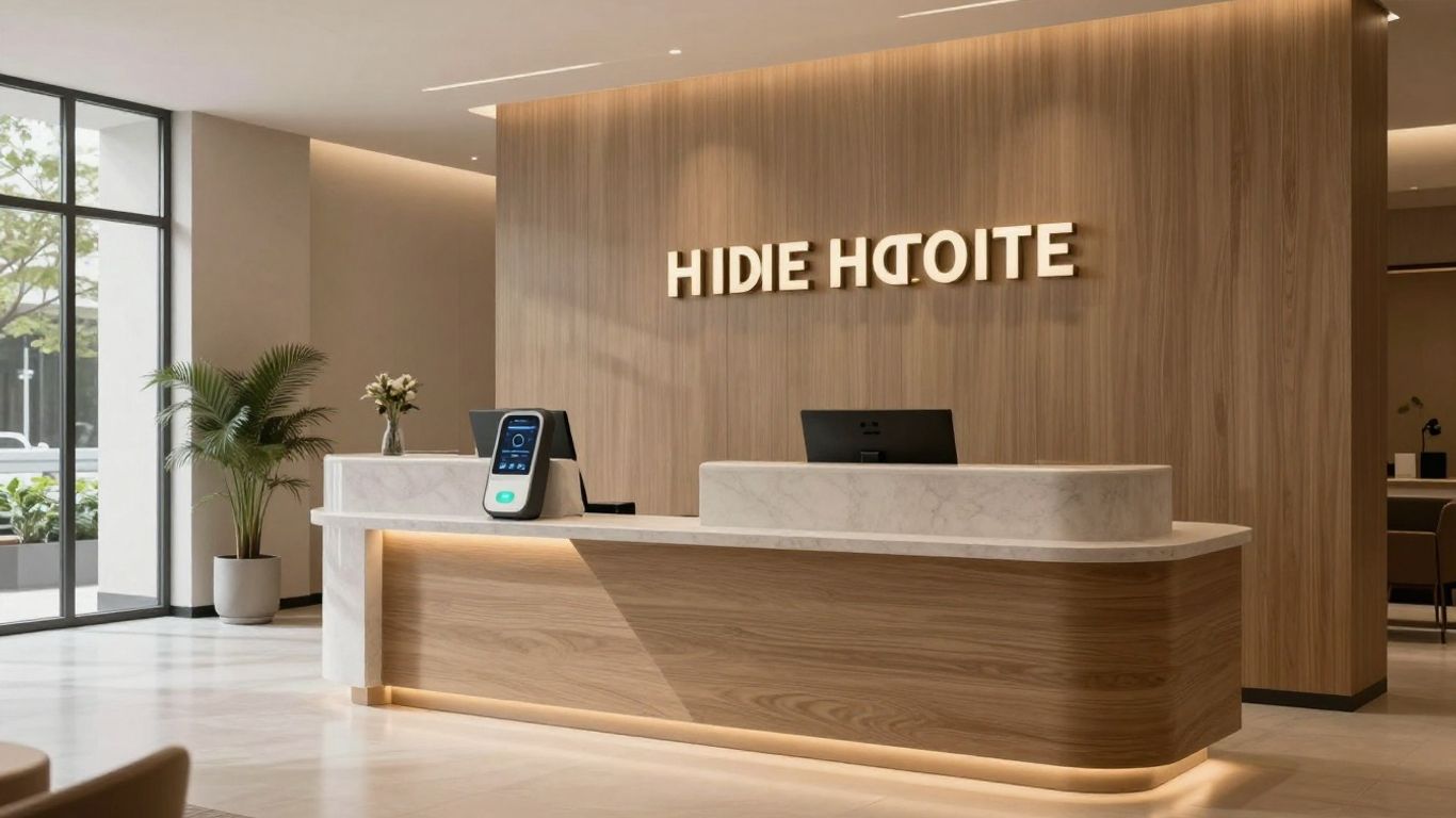 Hotel AI voice agent interface at reception desk.