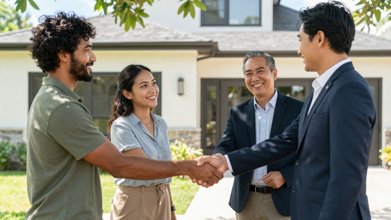 Realtor greeting clients outside modern home in sunlight