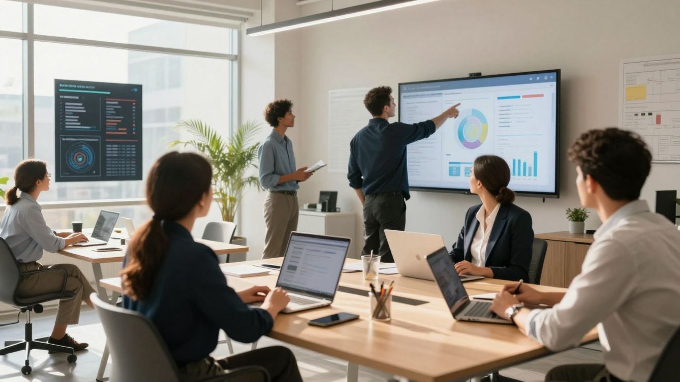 Real estate professionals collaborating in a modern office.