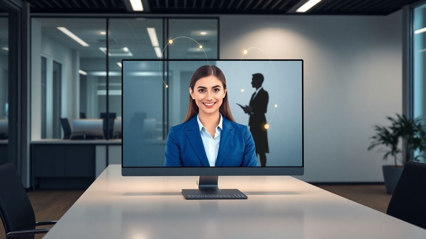 Virtual receptionist avatar on screen with business professional silhouette.