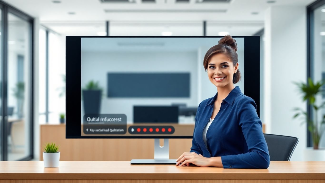 Virtual receptionist qualifying a sales lead on a screen.