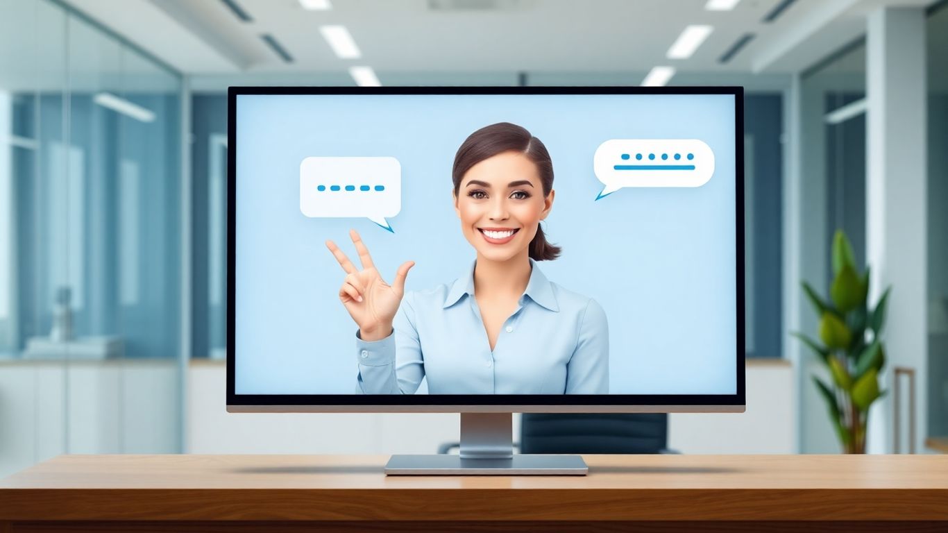 Virtual receptionist avatar interacting via chat on a screen.