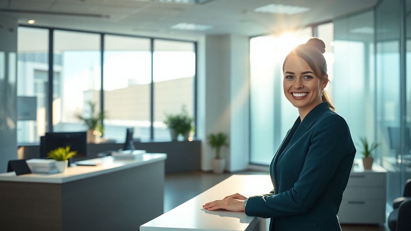 Professional receptionist in a bright office setting.