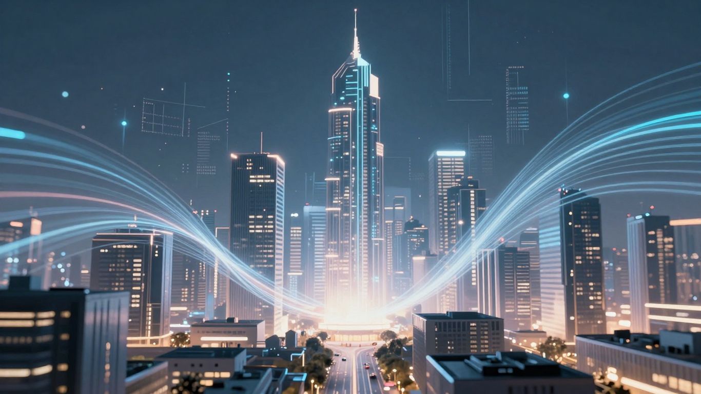 Futuristic city with AI data overlays.