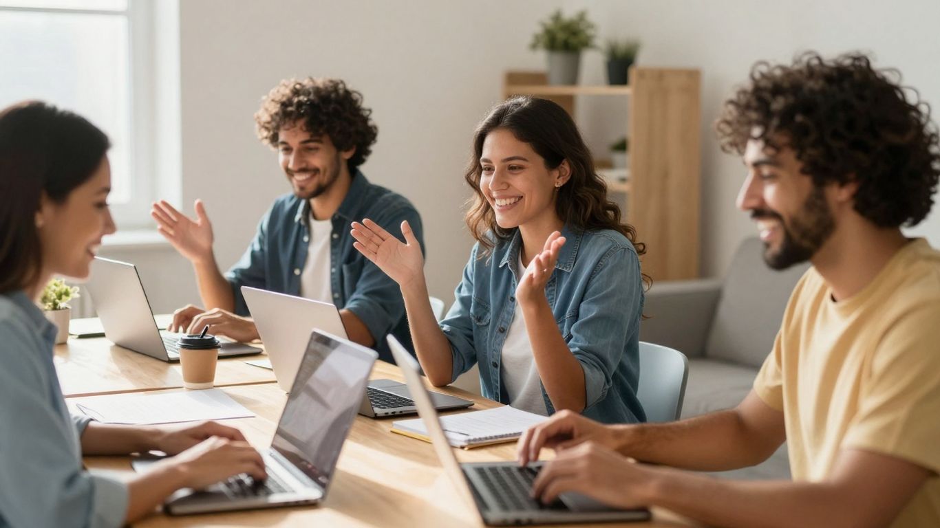 People working productively from home offices on laptops.