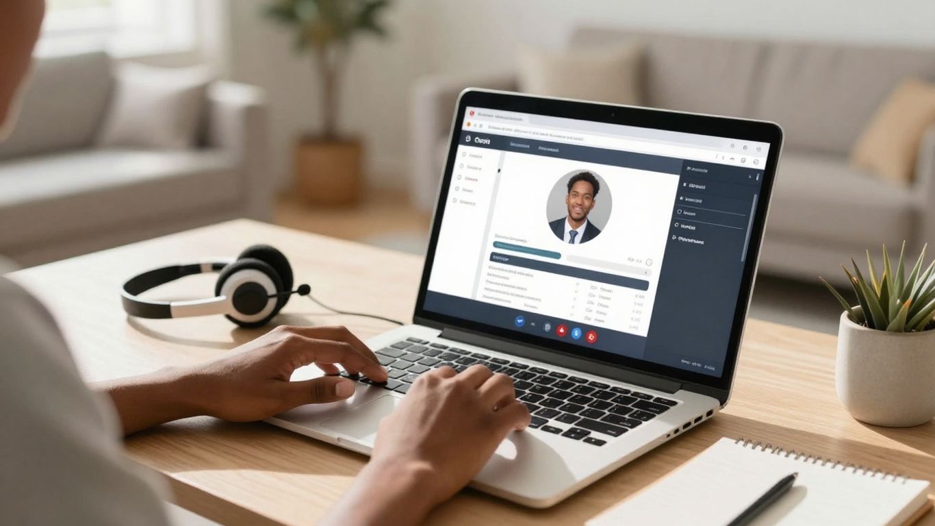 Person working in a home office with a call center interface.