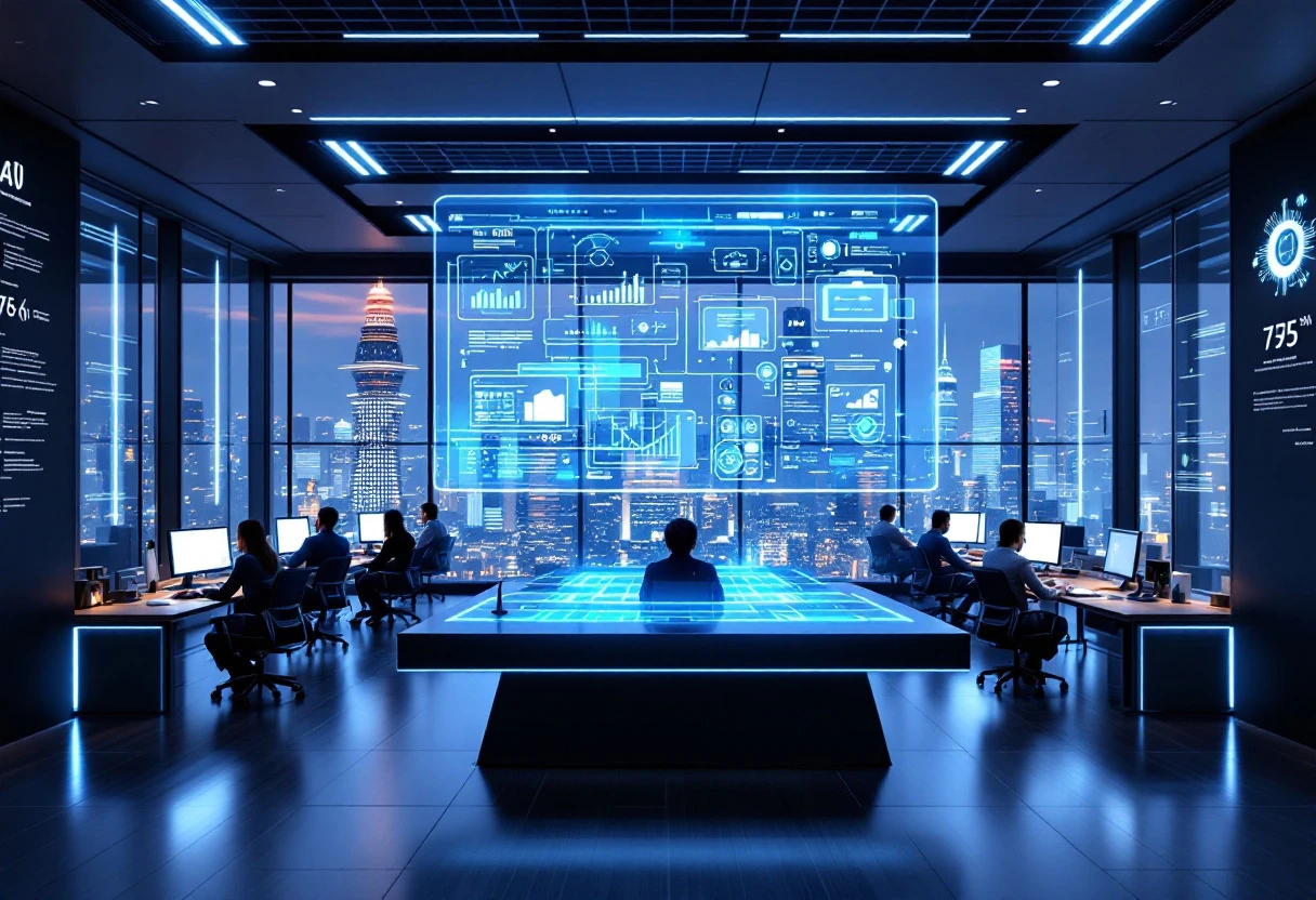 Image of a busy office environment with an AI interface assisting with customer calls, displaying a sense of efficiency and advanced technology.