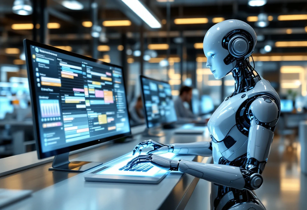 An illustration showing a busy workplace where an AI receptionist automates phone calls and bookings, enhancing productivity and customer engagement.