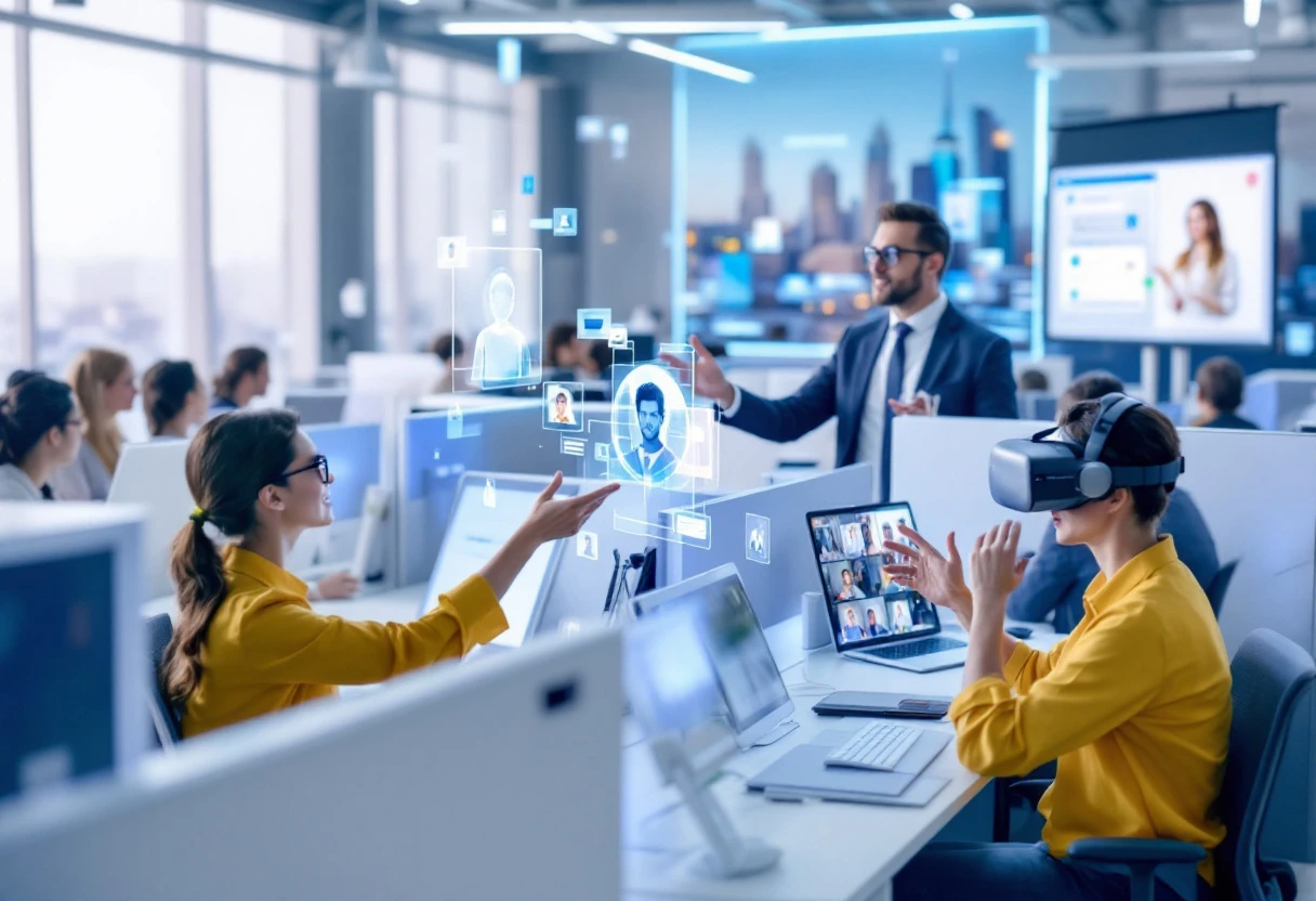 Illustration of a modern office environment with people interacting with AI technology for customer service.
