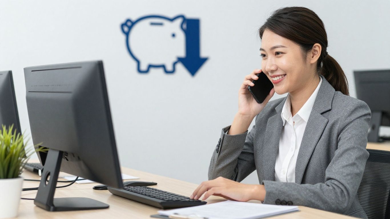 Professional answering phone, cost savings graphic, business efficiency.