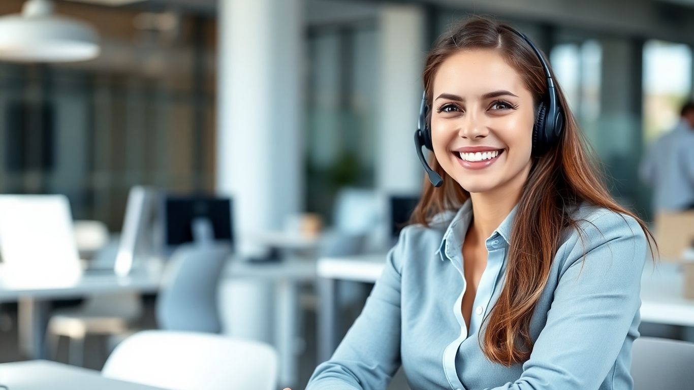 Professional virtual receptionist with headset at desk.