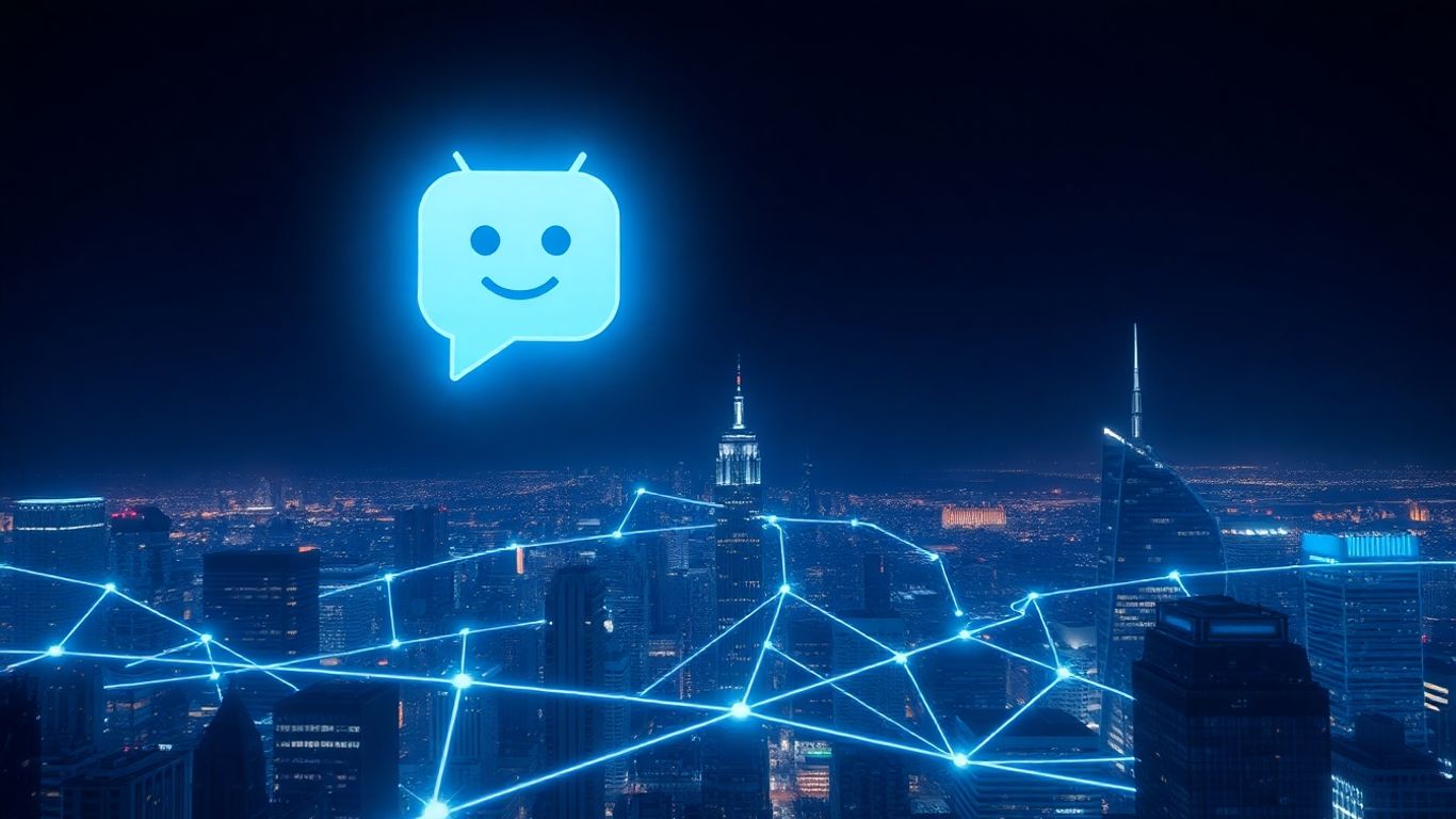 Futuristic cityscape with AI chatbot icon connecting buildings.