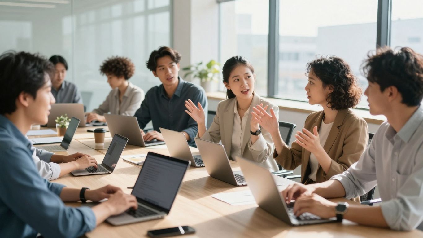 Professionals communicating in a bright, modern office.