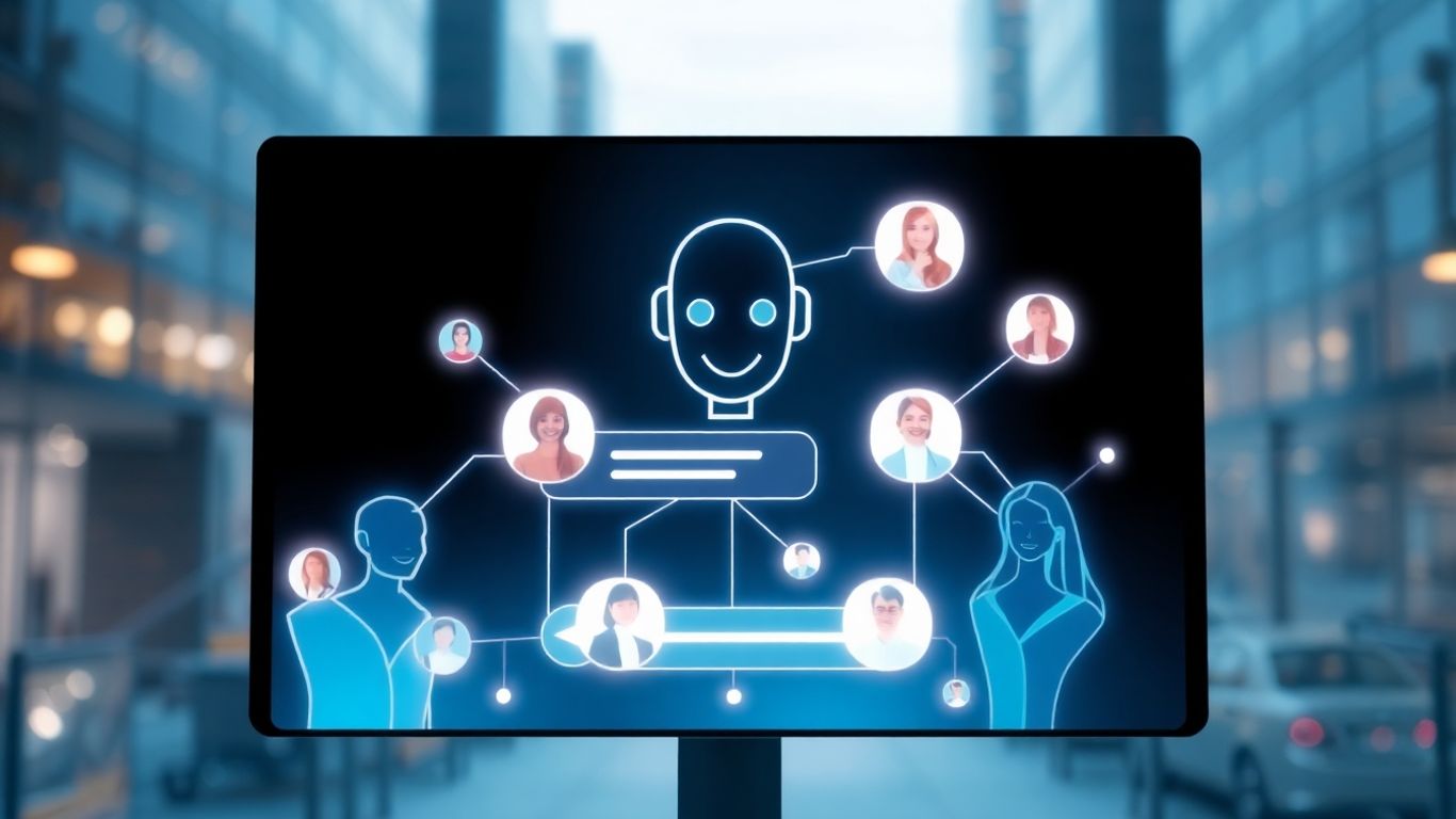 AI chatbot engaging with happy customers digitally.