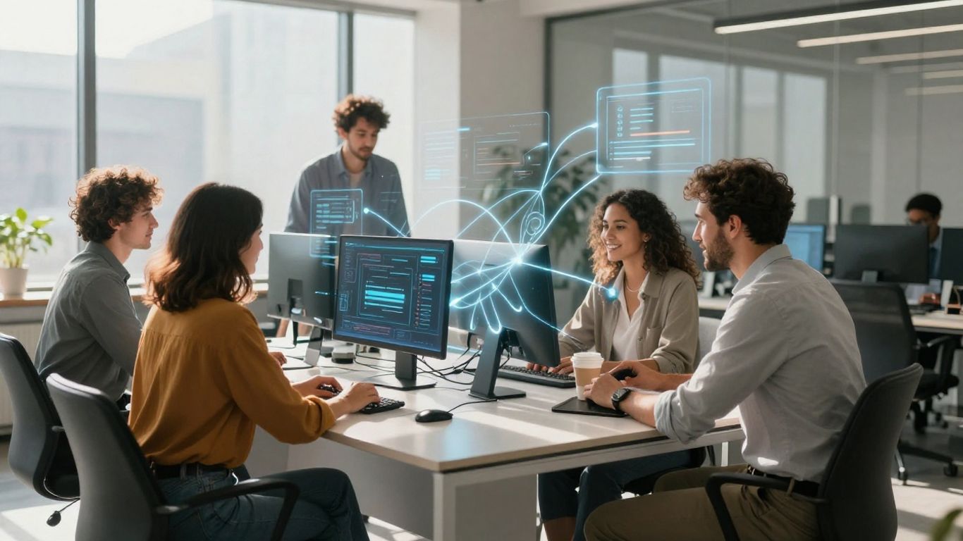 Team collaborating with digital connections