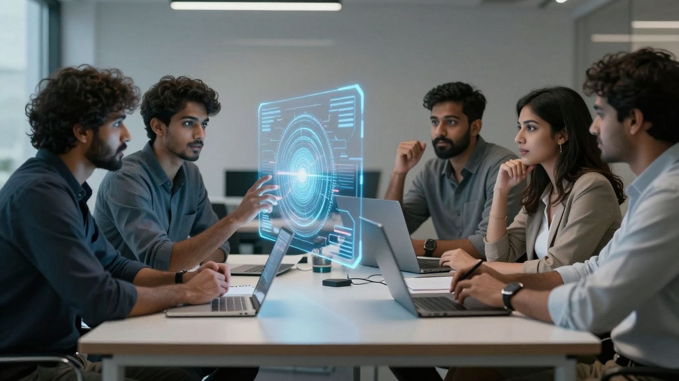 Team collaborating with AI interface in modern office.