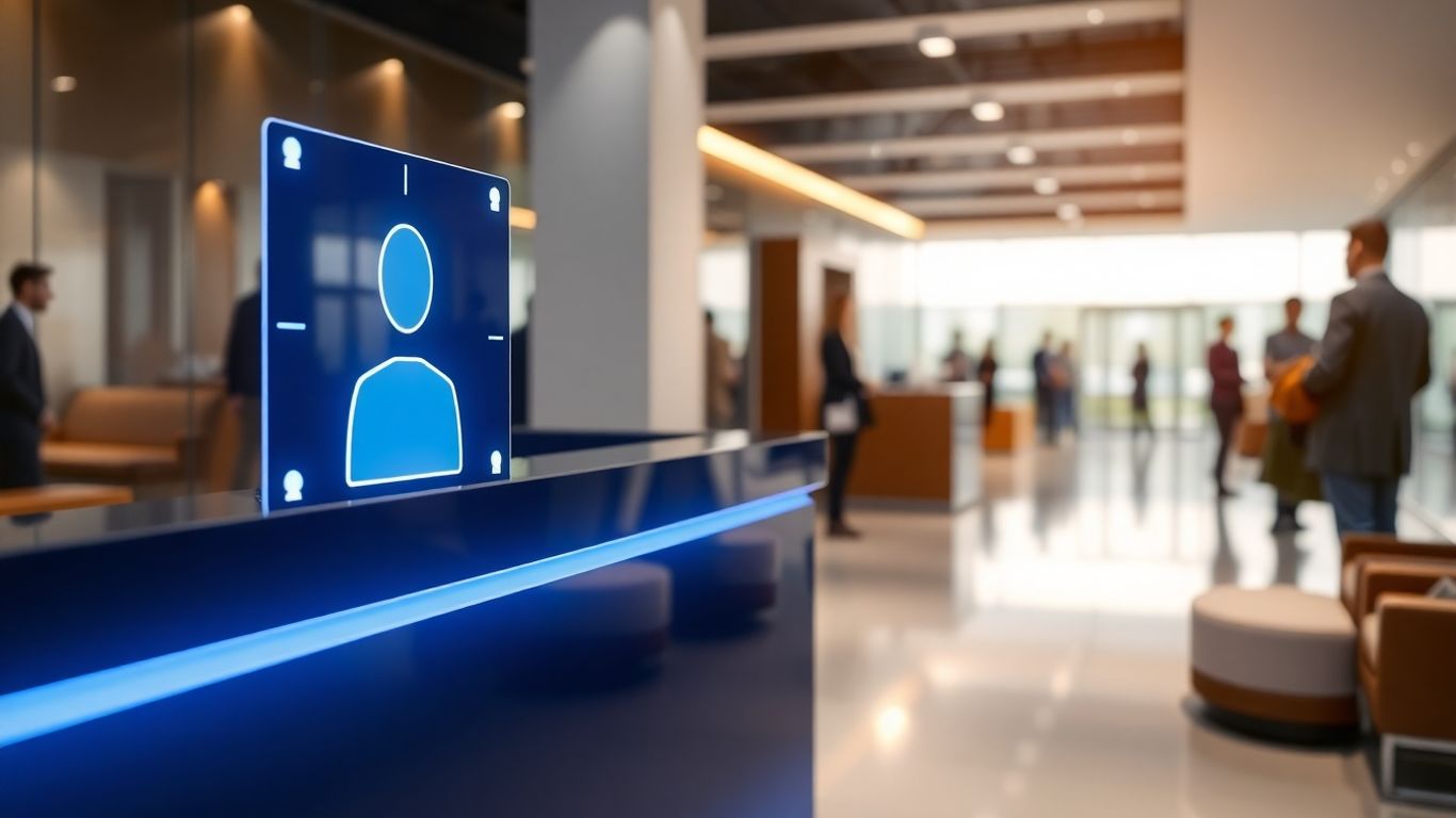 AI receptionist interface in a modern office.