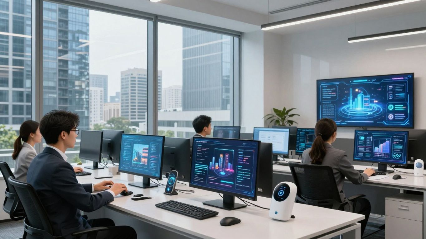Real estate agents using futuristic AI devices in office