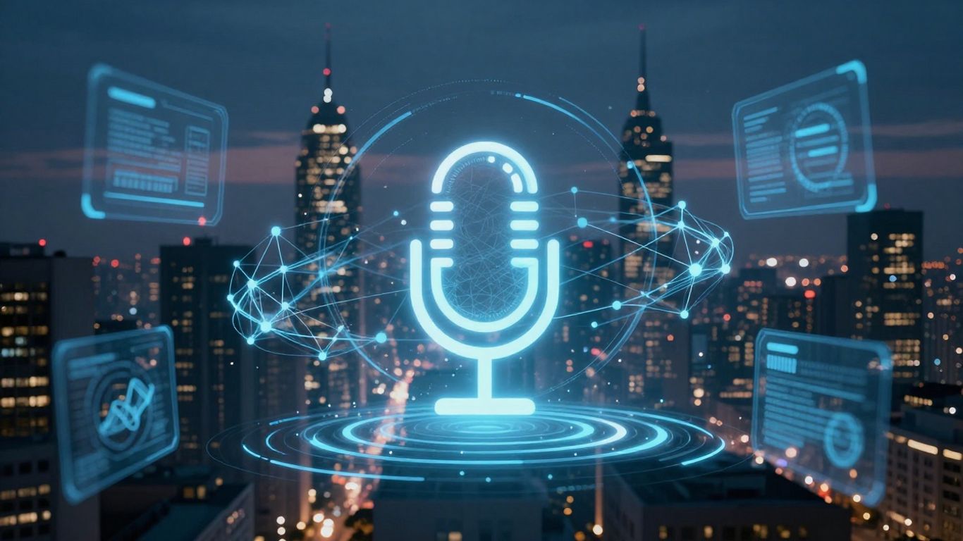 Futuristic cityscape with AI elements and microphone icon.