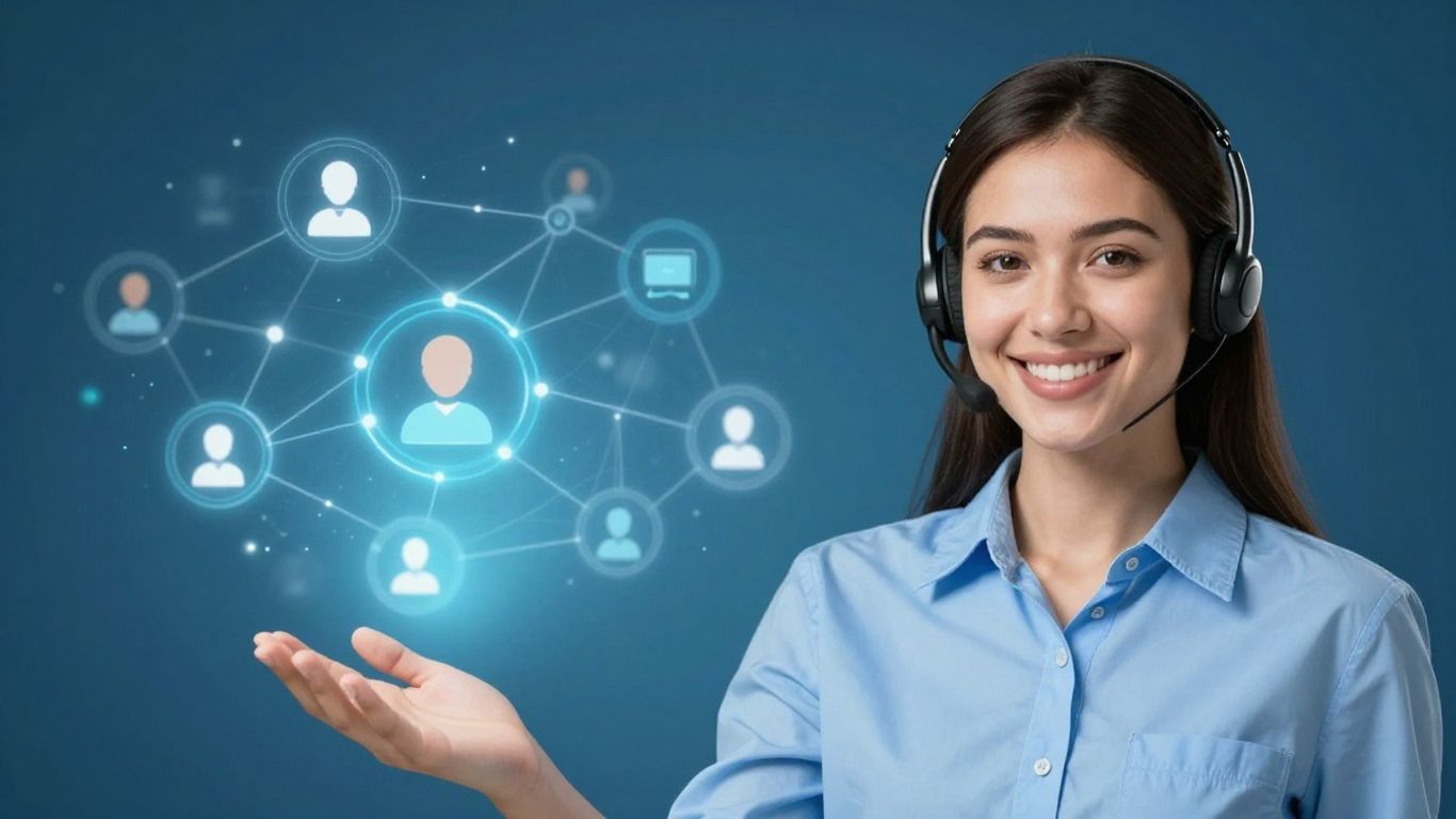 Customer service agent with digital network background.
