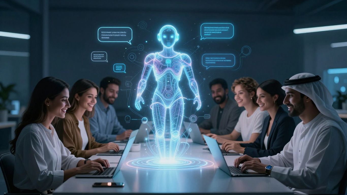 Futuristic chatbot AI assisting happy customers on devices.
